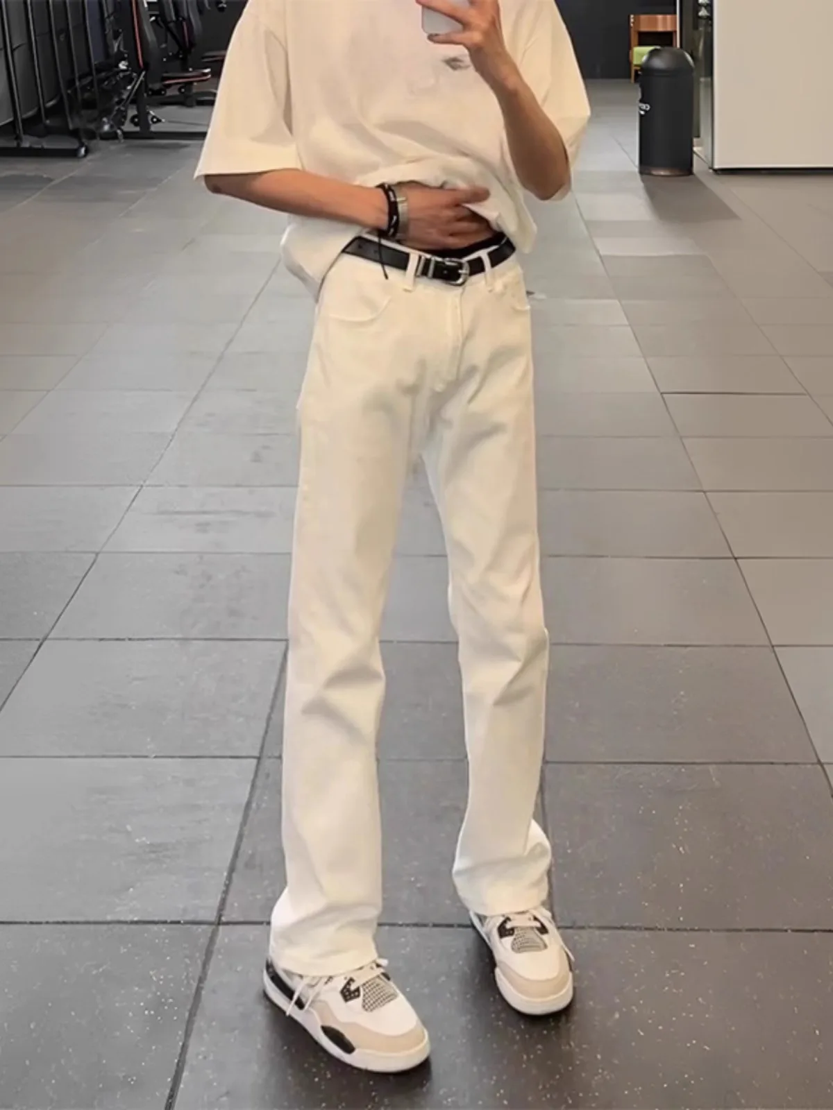 

White 57 Knife ape Bell Bot Jeans for Tall Men Spring Autumn Extended Length American High Street Straight Leg Jeans