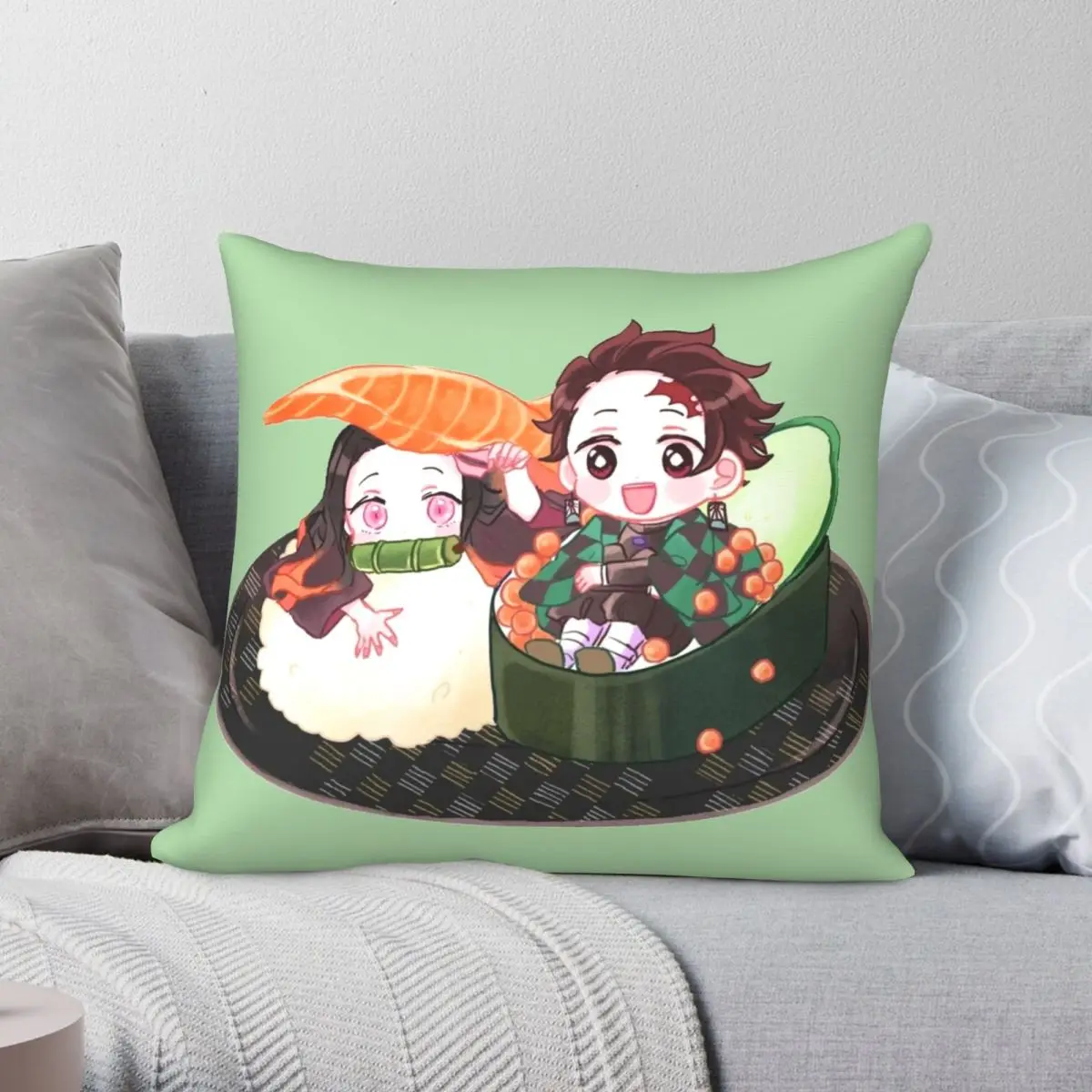 Tanjiro And Nezuko Shushi Pillowcase Polyester Linen Velvet Printed Zip Decor Pillow Case Home Cushion Case