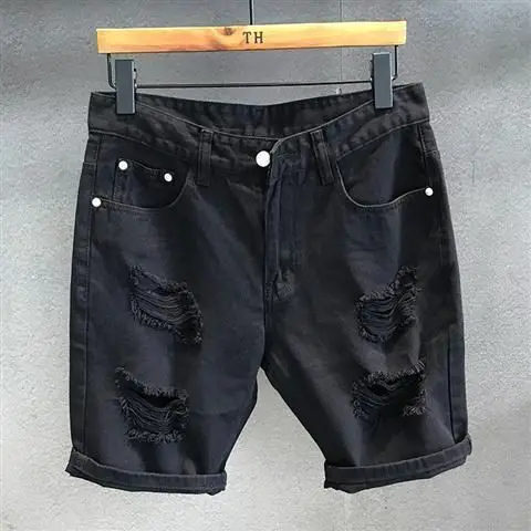 Summer 2024 luxury clothing men korean fashion Slim White Denim Casual Shorts with ripped Holes for Teenager Boys short pants