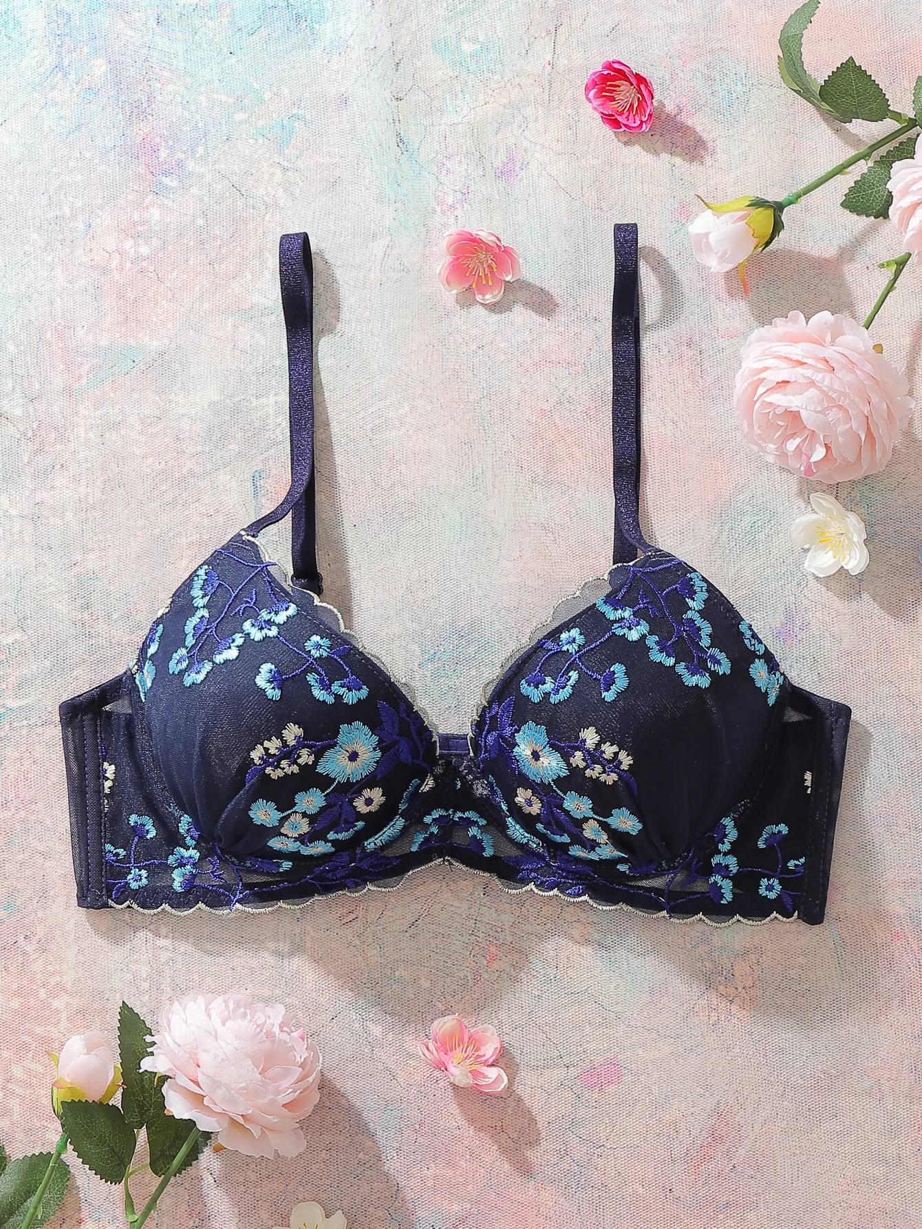 Floral Embroidered Women's Bra Delicate Navy Blue Mesh Lace Bra Daily Wear Underwire Lingerie Top