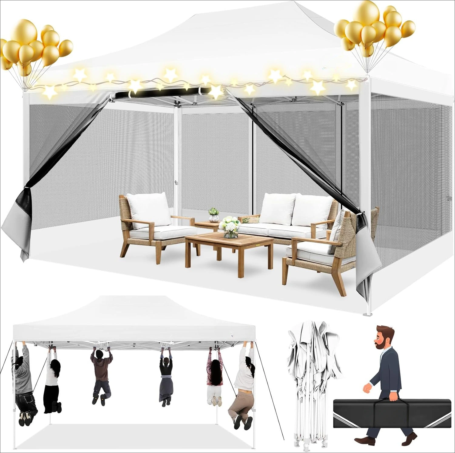 10x15 Pop up Canopy Tent with Sidewalls, Heavy Duty Easy up Outdoor Canopy with Mosquito Net Pop up Screen Tent