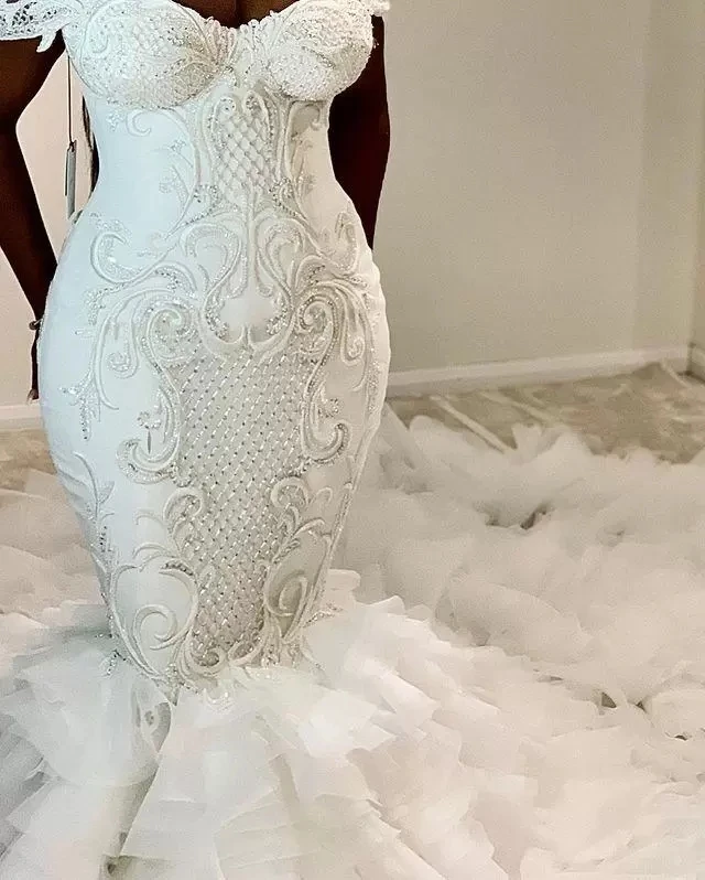 Customized Plus Size Mermaid Wedding Dresses Bridal Gowns Lace Appliqued Beaded Off The Shoulder Tiered Skirts Ruffles Vestido D