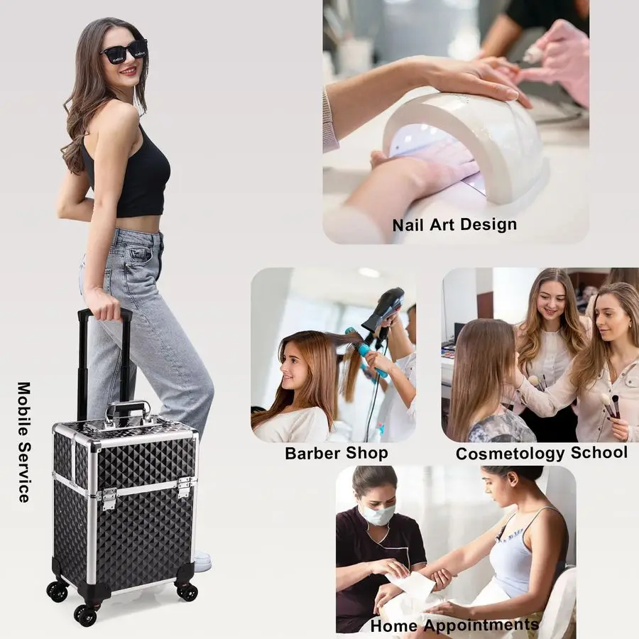 Duży kosmetyczny kuferek na kółkach z 4 przegródkami, wysuwaną środkową warstwą, kluczem i obrotowymi kółkami.