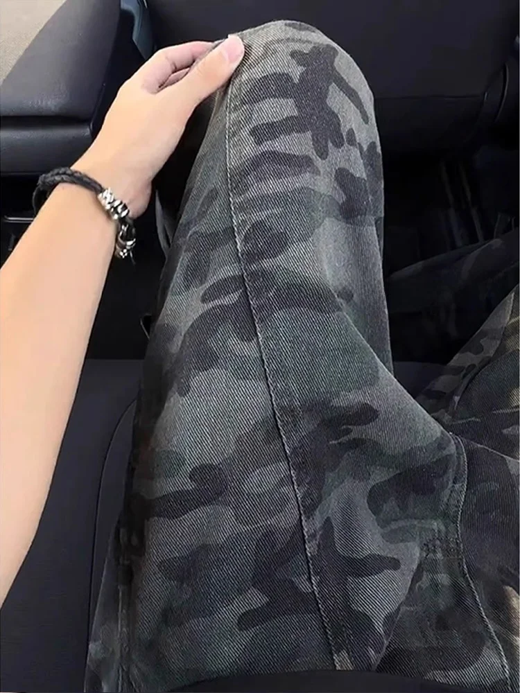 

Прямые камуфляжные джинсы с высокой талией, мужские расклешенные джинсовые брюки в американском стиле ретро, повседневные брюки прямого кроя