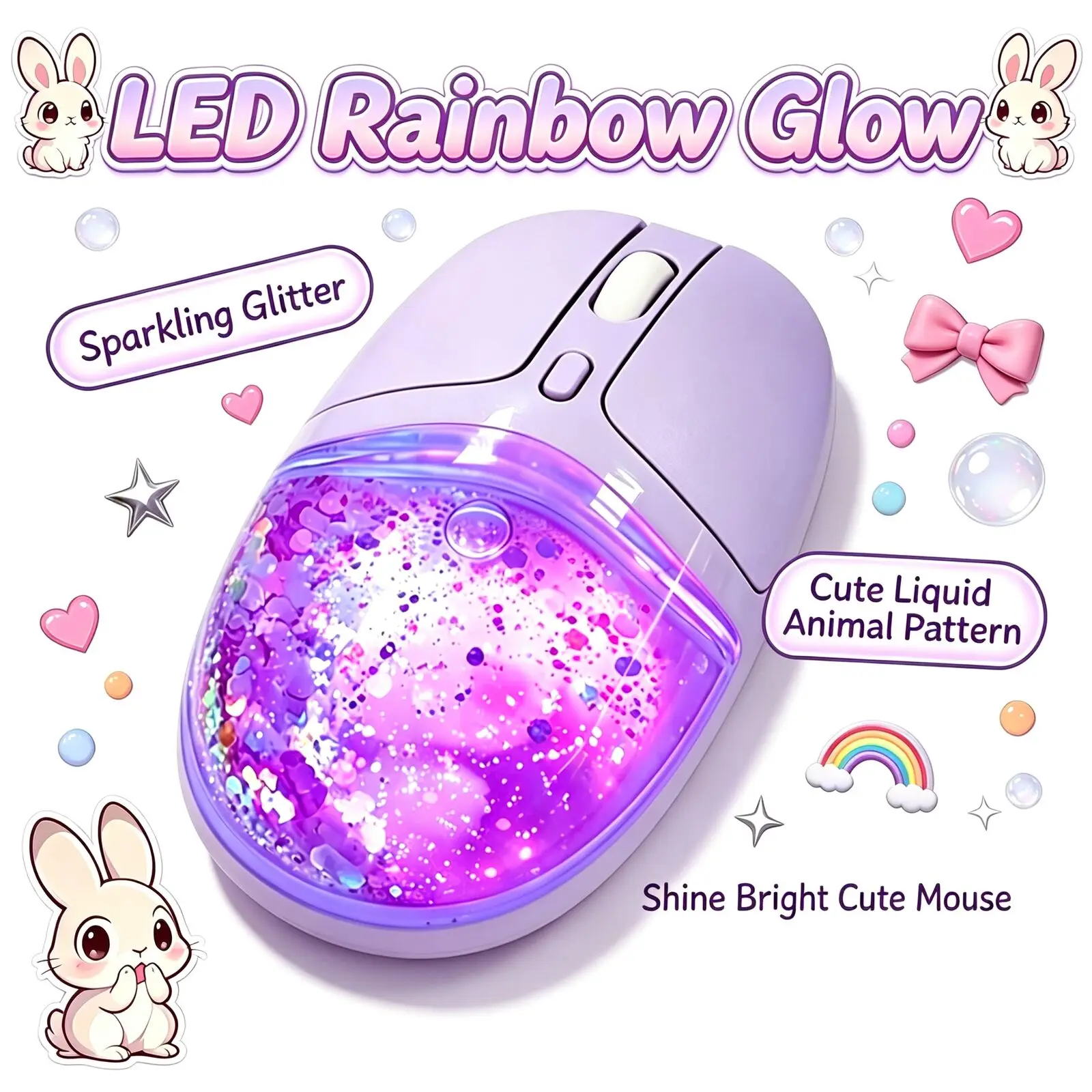 Innovation Design Dual Mode Mouse Rainbow LED Lights Cute Mute Wireless Bluetooth Rechargeable 5 Level Adjustable DPI 1200-4000