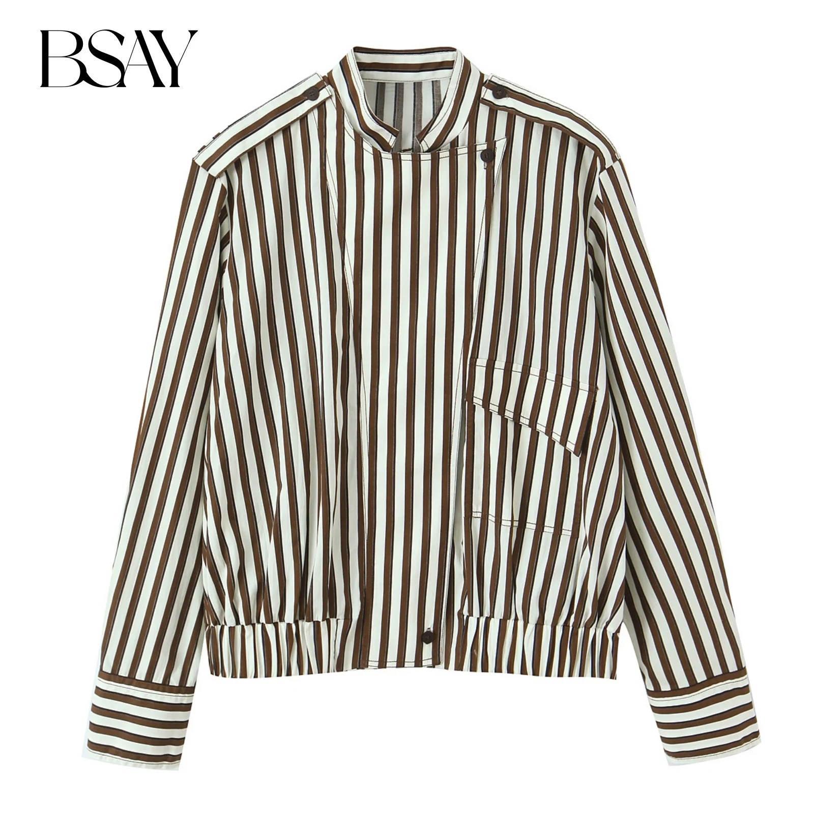 

Женская полосатая рубашка BSAY: модная новинка весны-осени, с карманами, длинными рукавами, на пуговицах, с воротником-стойкой, топ для женщин