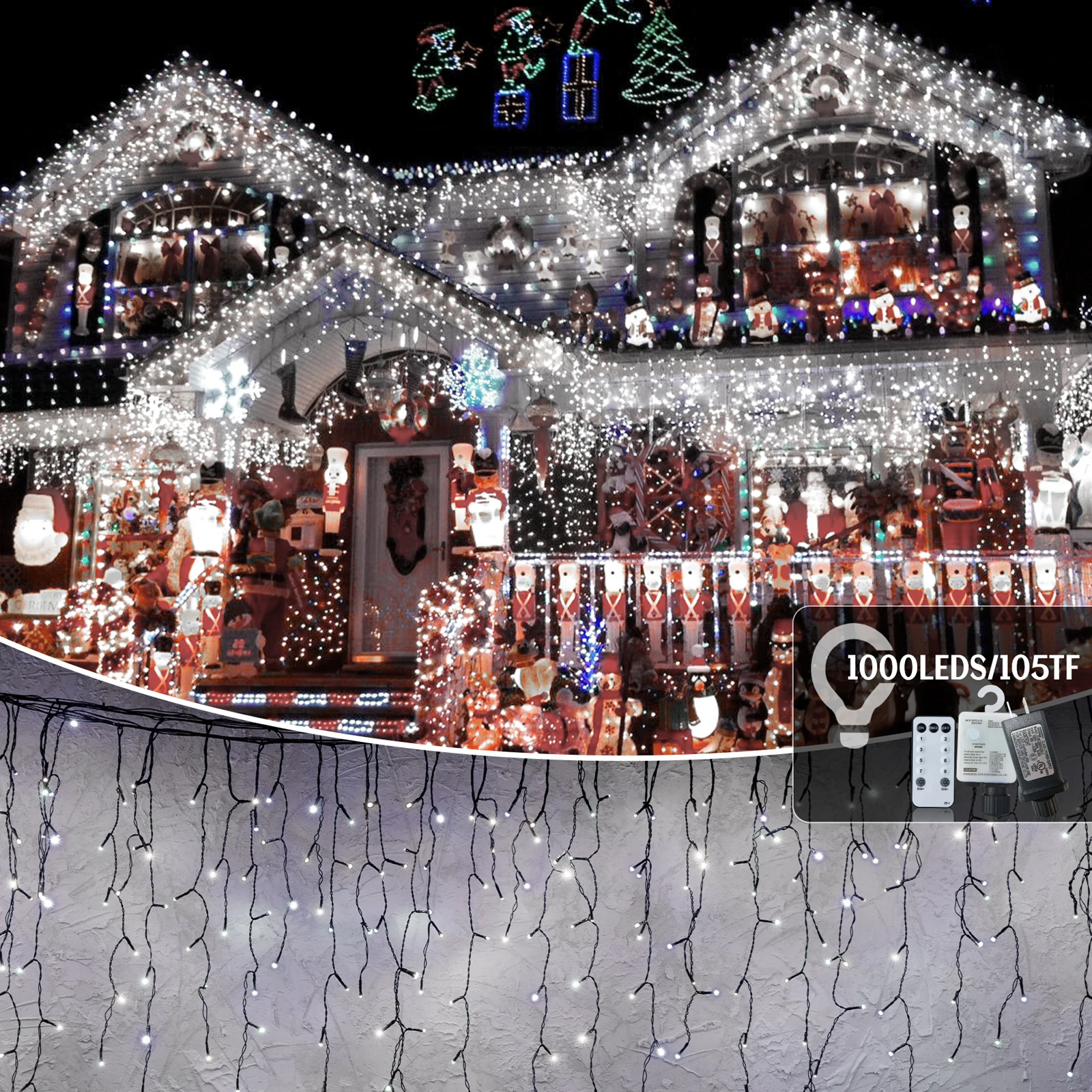 105ft Outdoor Christmas Decoration Lights,1000 LED 8 Modes Curtain Fairy Lights with 50 Drops,Plug in,Waterproof