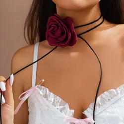 with Large Flower Rose Flower Choker Fashion Long Rope Adjustable Rose Choker Necklace Neck Accessories Wedding Necklace Women