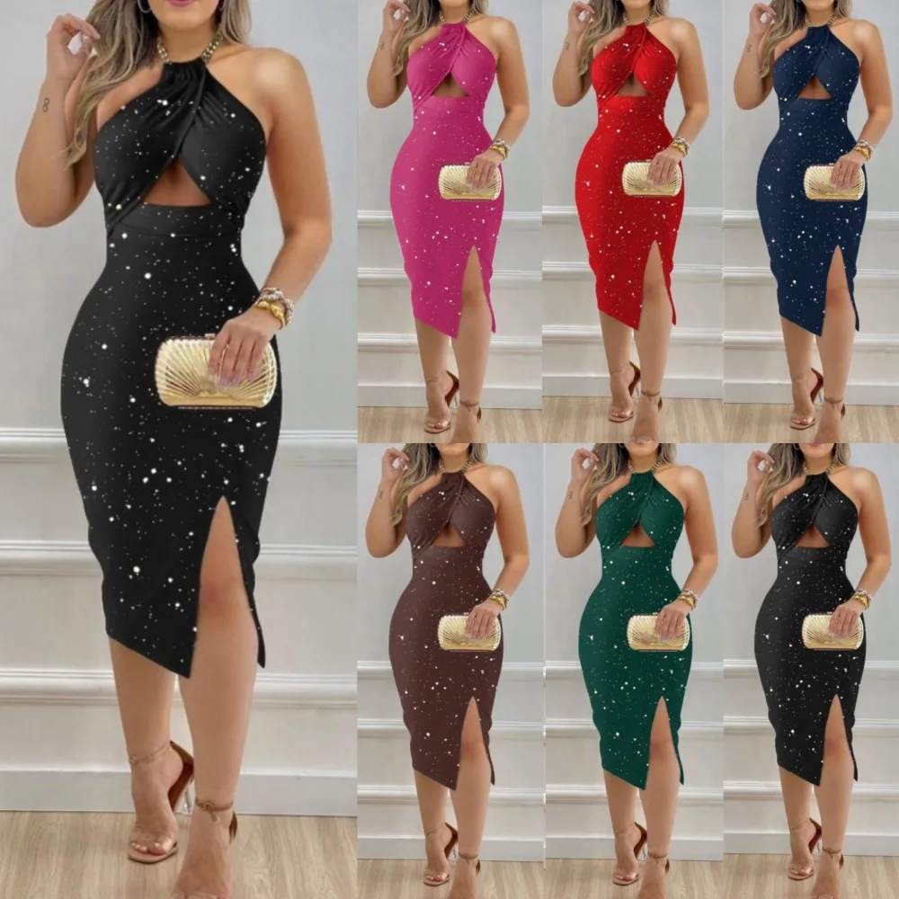 

Women Spring Summer Glitter Lurex Halter High Slit Slim Fit Metal Chain Mid-Calf Bodycon Party Dress Sexy