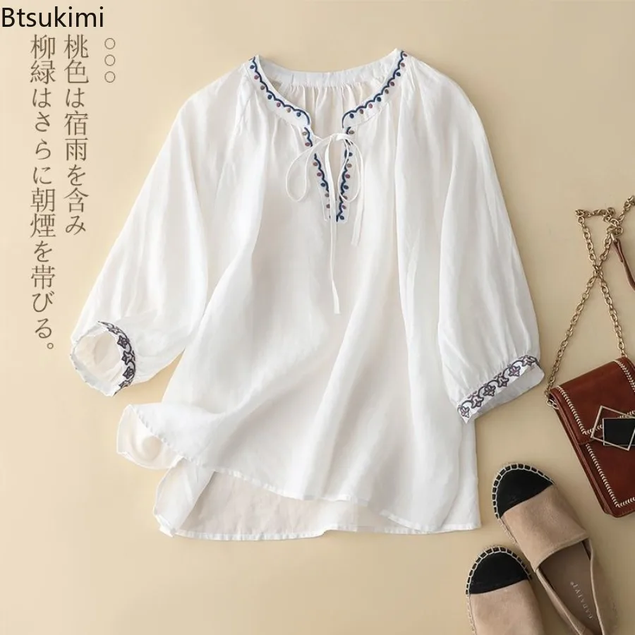 

Embroidery Three Quarter Sleeve V-Neck Pullover Loose Women Blouse Shirt Casual Cotton Linen Femal Tops Women Fashion Clothing
