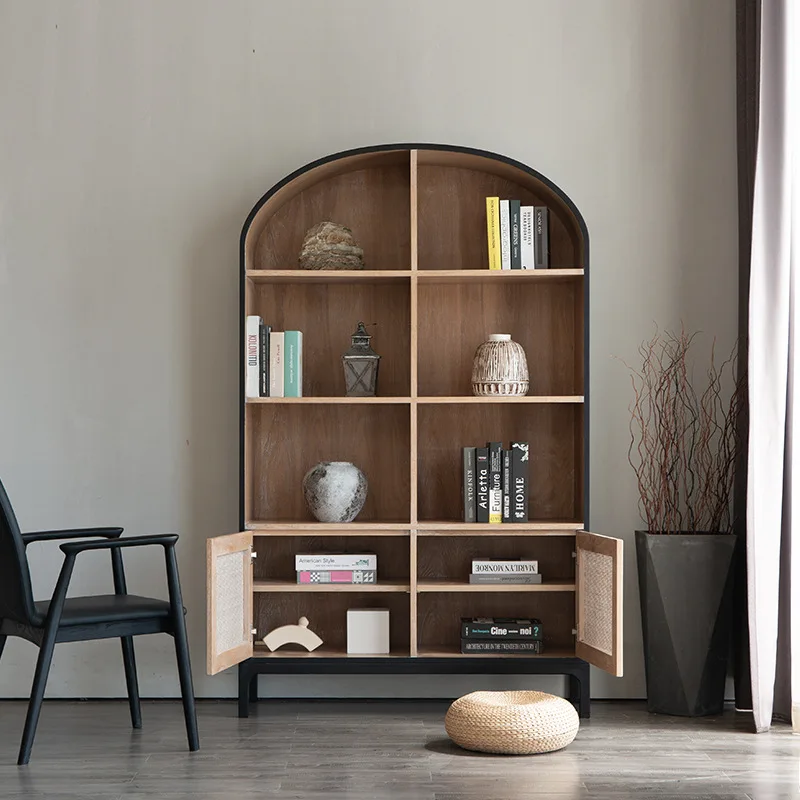 Bookshelf living room solid wood bookcase against the wall white oak shelf rattan display