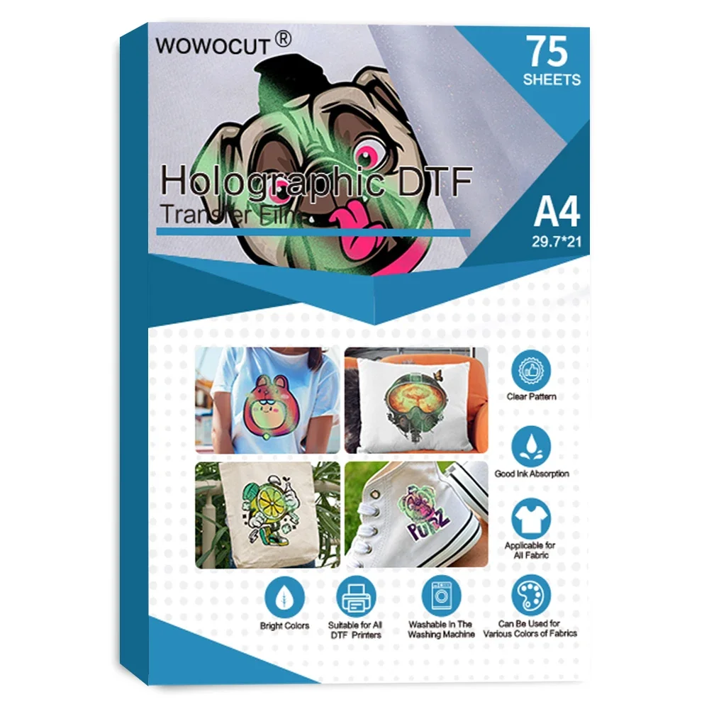 WOWOCUT 50 / 75 PCS Holographic DTF Transfer Film A4 Printable Matte Iron-On Heat Transfer Paper for Dark Light Fabric T-shirts