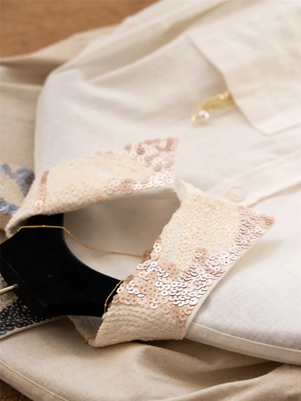 Embroidered Sequins Shirt for Women Turn-Down Collar Exquisite Clothing