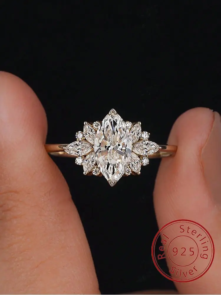 Anillo de circón de la serie Marquesa dorada de Plata de Ley 925 a la moda para mujer, joyería fina Simple de alta calidad para compromiso y boda