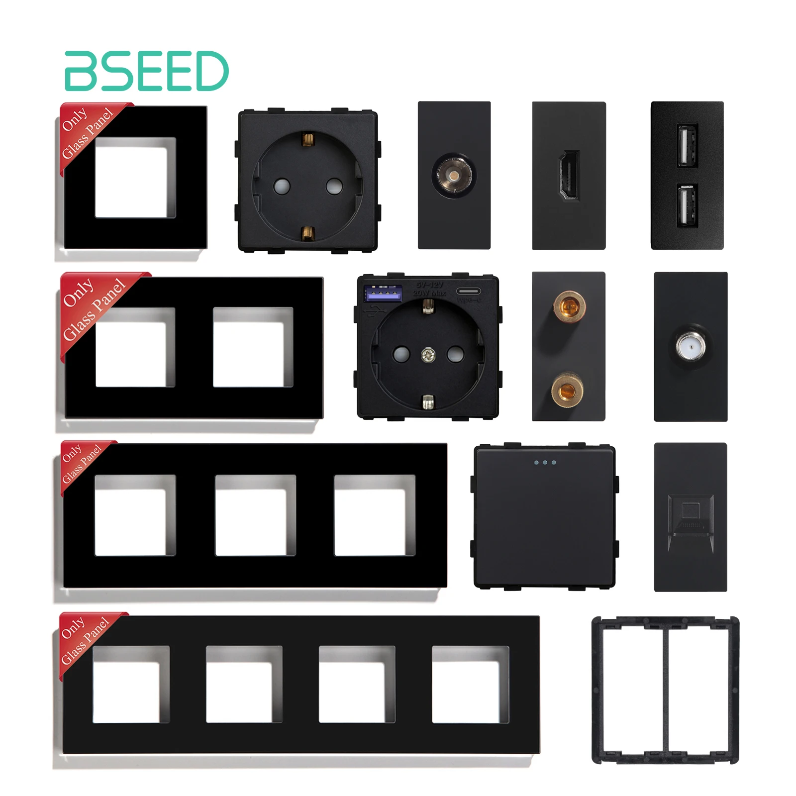 BSEED EU Standard Glass Socket Frames RJ45 PC CAT5 TV /ST HDMI Socket Parts Wall Socket With USB Type-C Mechanical Button Switch