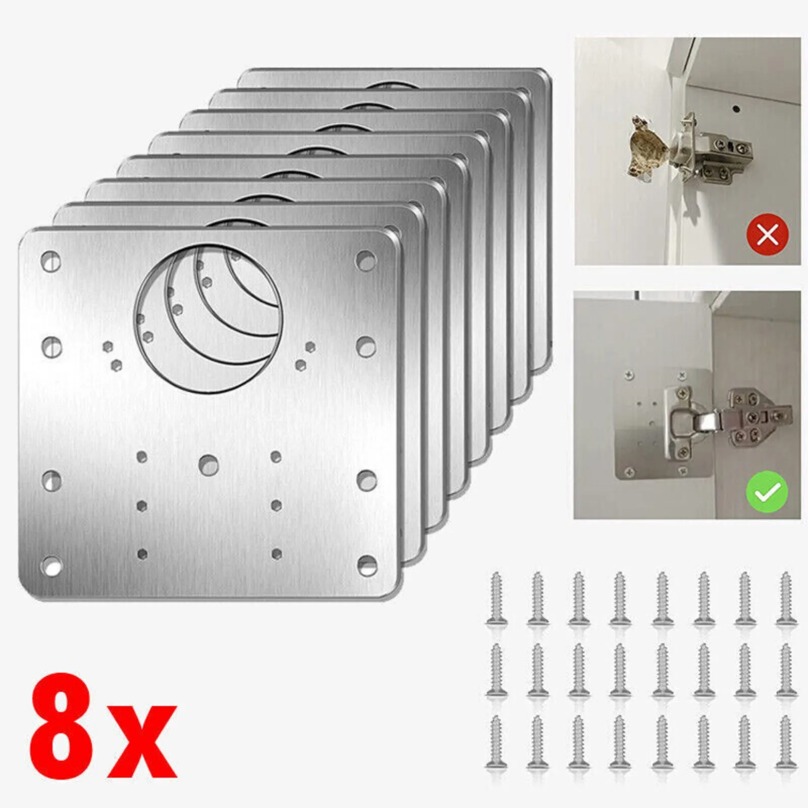 

US 8x Hinge Repair Plate for Cabinet Door Stainless Steel Hinge Repair Bracket Kit