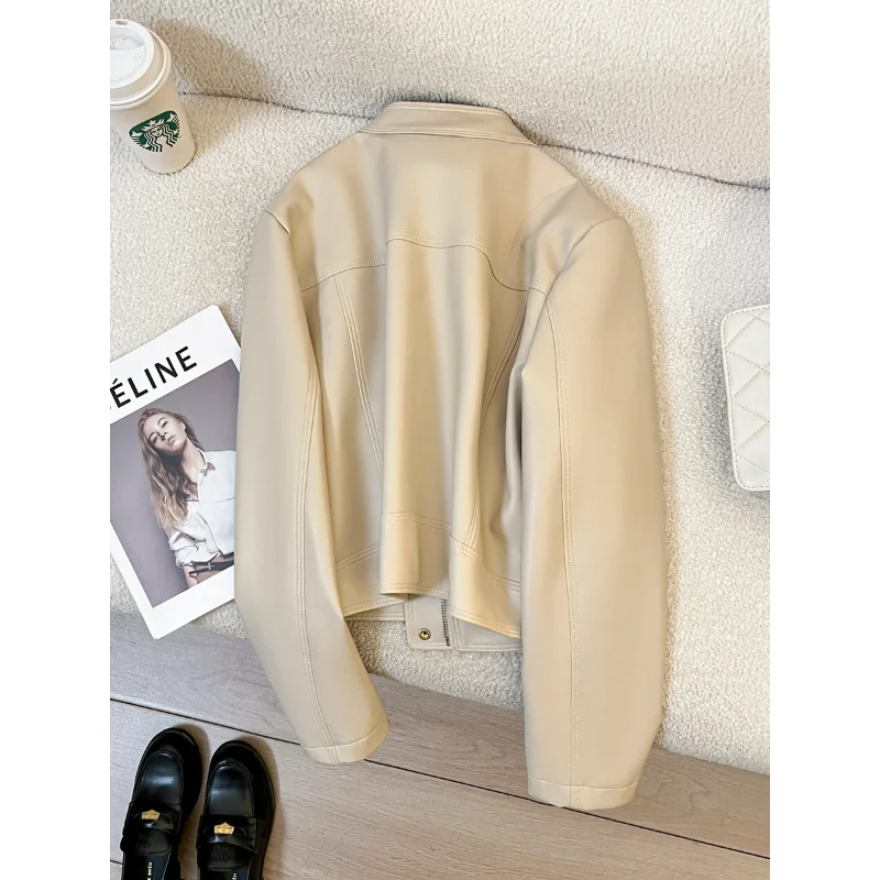Chaqueta de cuero informal negra para mujer, chaqueta de cuero de manga larga Beige a la moda de alta calidad, chaqueta de motocicleta