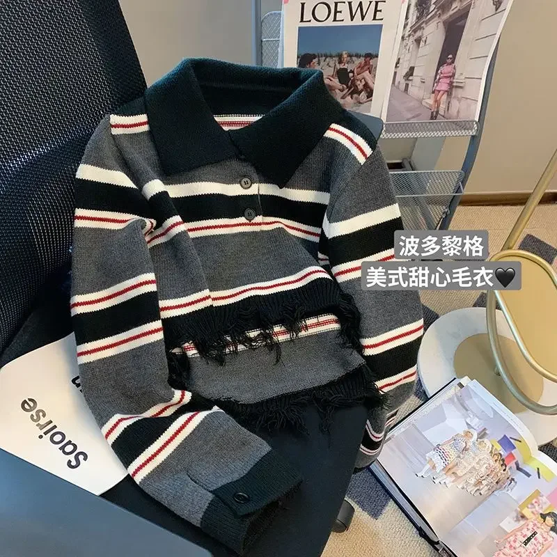 

Nice Preppy Style Vintage Patchwork Striped Tassel Sweater Female Autumn New Long Sleeve Polo-Neck Pullovers Knitting Buttons To