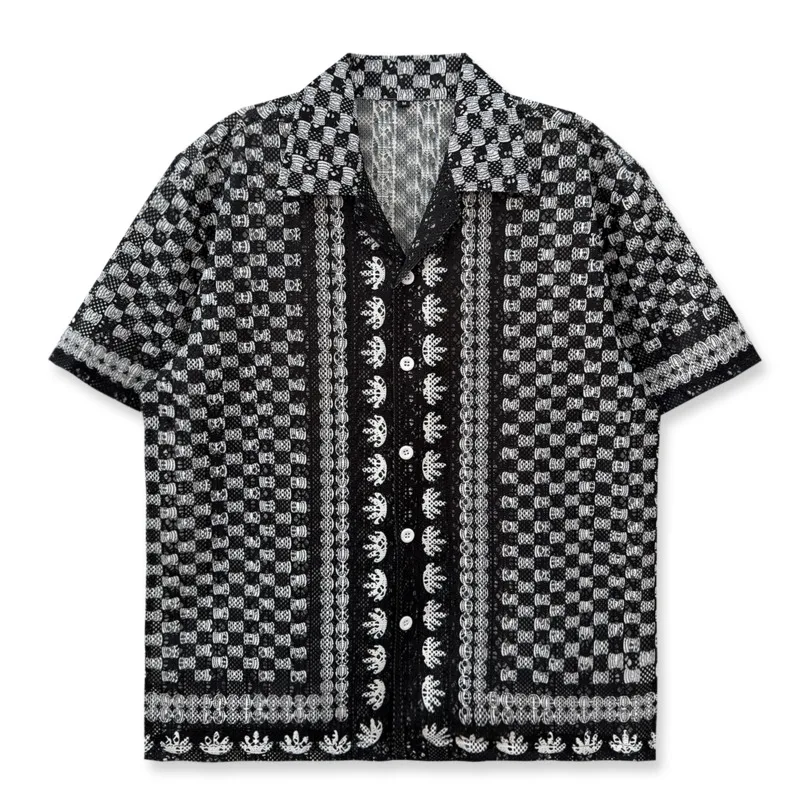 Print Men Shirt Social Club Outfits Knitted Shirt For Men 2026 Fashion Grid Club Party Dress See-through Shirts Camisa Hombre
