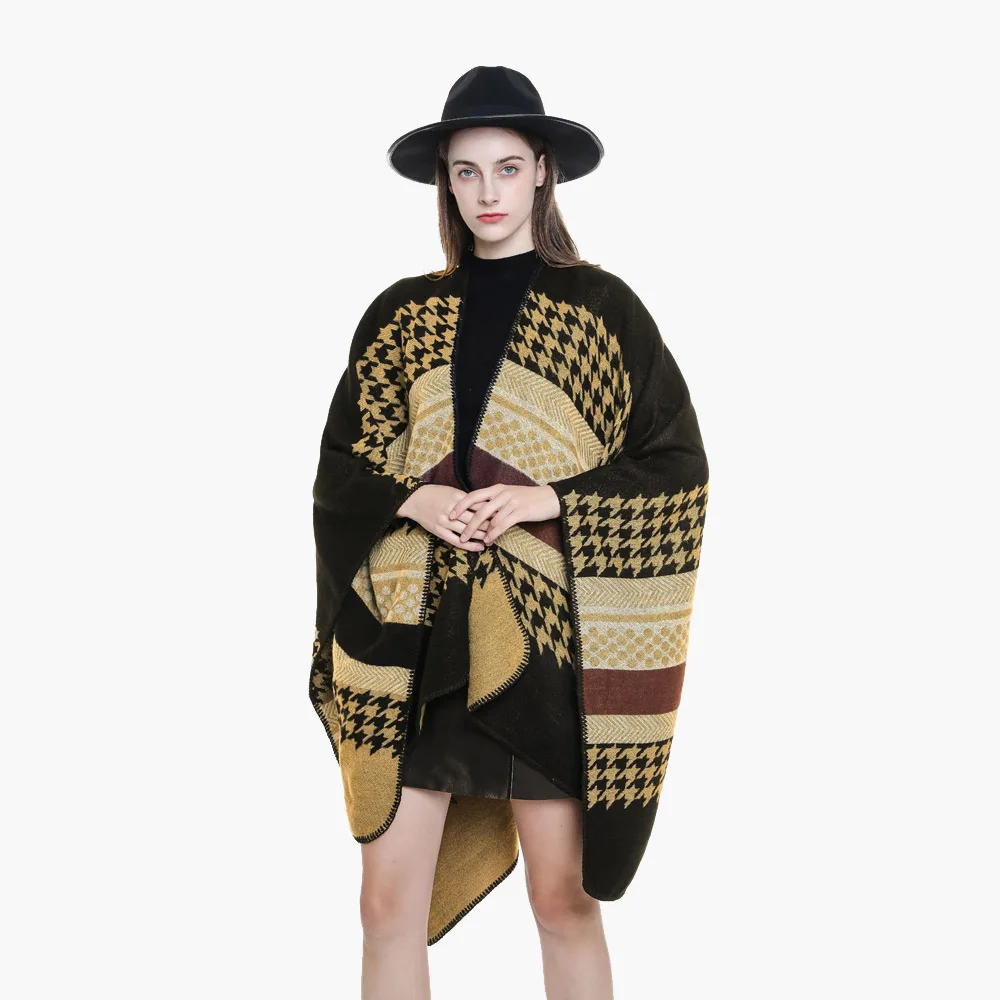 

Fashion Vintage Contrast Colors Plaids Faux Cashmere Cape Wraps Unisex Autumn Winter Long Poncho Outerwear Travel Leisure Cloak