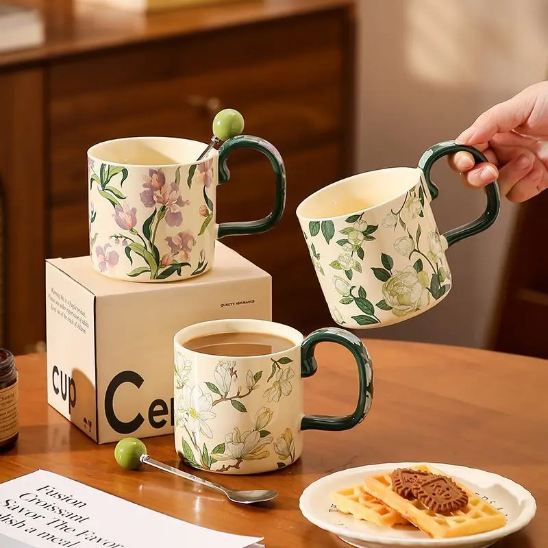 

Iris Flower Mug, Home With Spoon, Office Ceramic Coffee Cup, Women's Large Capacity Breakfast Milk Water Cup