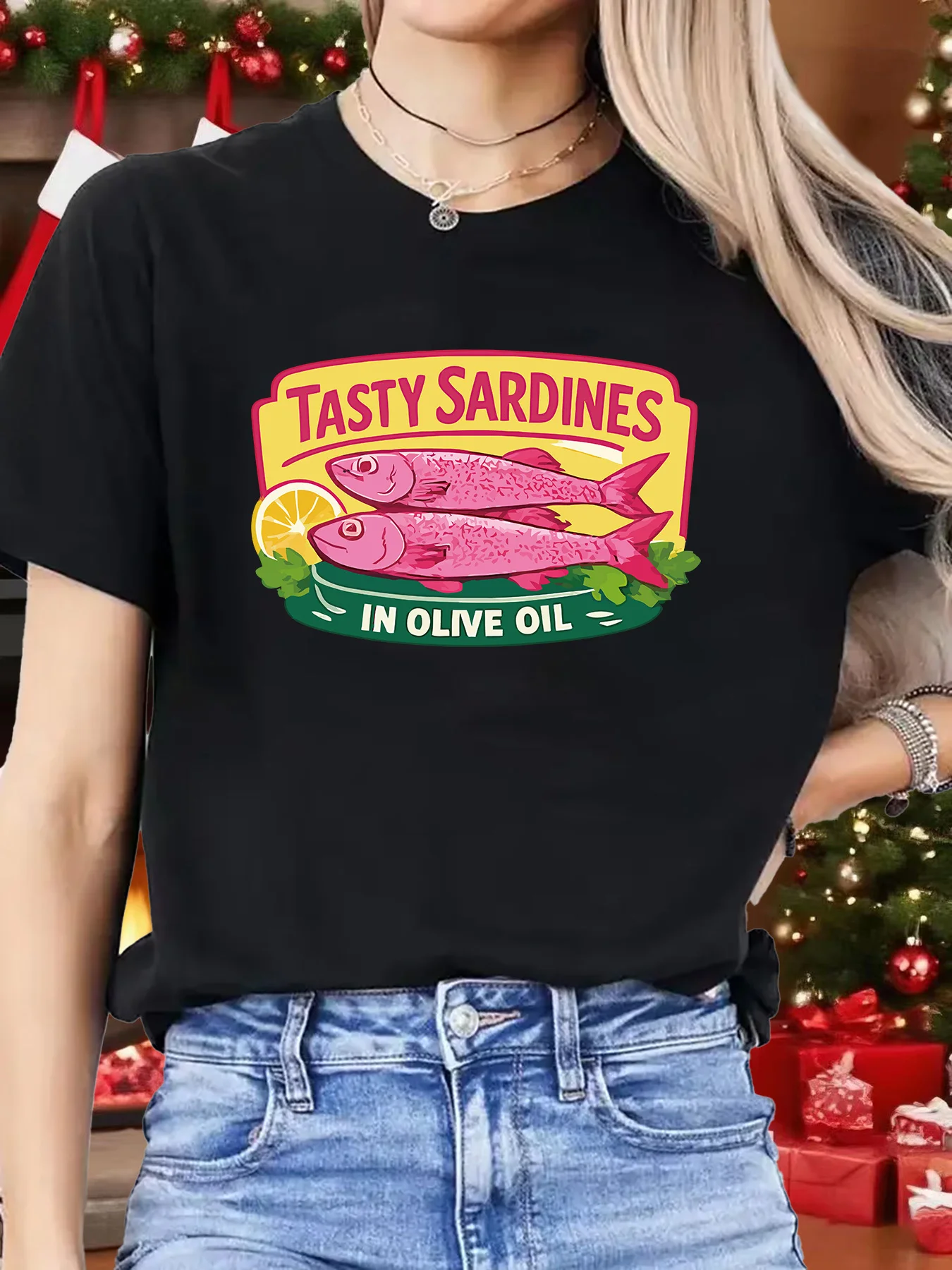 Tasty Sardines Olive Oil Label Womens Crew Neck Short Sleeve T Shirt Retro Seafood Funny Art Casual Graphic Tees For Ladies