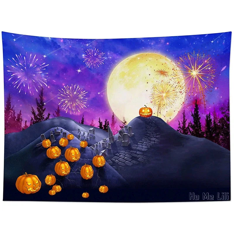 Halloween Wall Hanging Full Moon And Orange Pumpkin Lantern In Haunted Cemetery Forest By Ho Me Lili Tapestry Decor