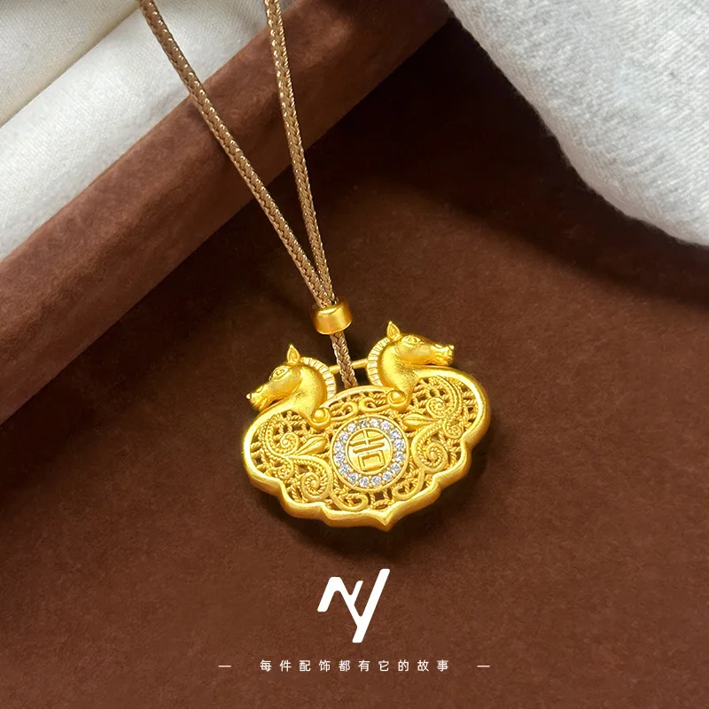 

New Style 9999 24K Real Gold Dot Diamond Daji Hollow Filigree Horse Zodiac Longevity Lock Bag Pendant New Chinese Sweater Chain