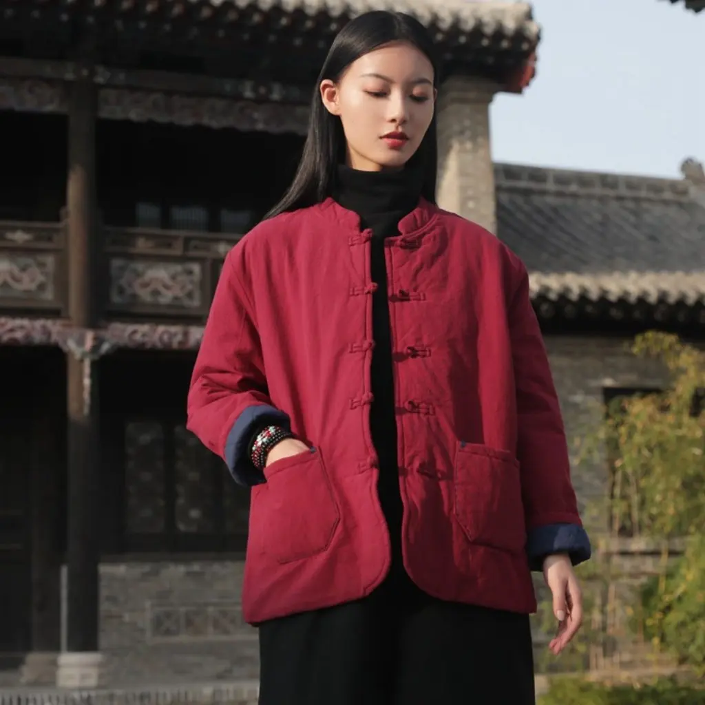 

Women's Winter Warm Top Cotton Linen Blend Retro Style Buttoned Hand-Stitched Short Coat Stand-Up Collar Chinese Influence