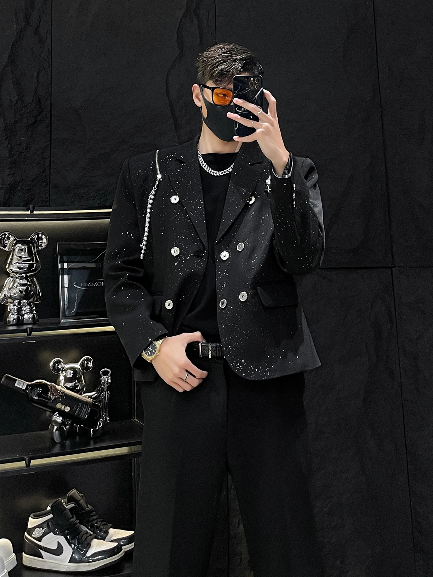 

No Limit Mirror HOMME Gold Emed Men's Jaet oulder Padded ort Sle Casual Suit Coat Metal Decoration Spring Autumn