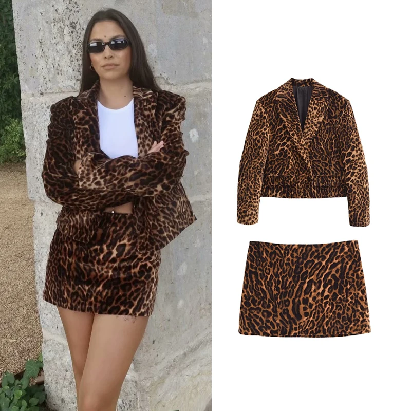 TRAF Autumn New Sets Women\'s 2-piece Set 2024 New Chic Leopard Loose Mini Skirt 2-piece Street Fashion Young Women\'s Sets