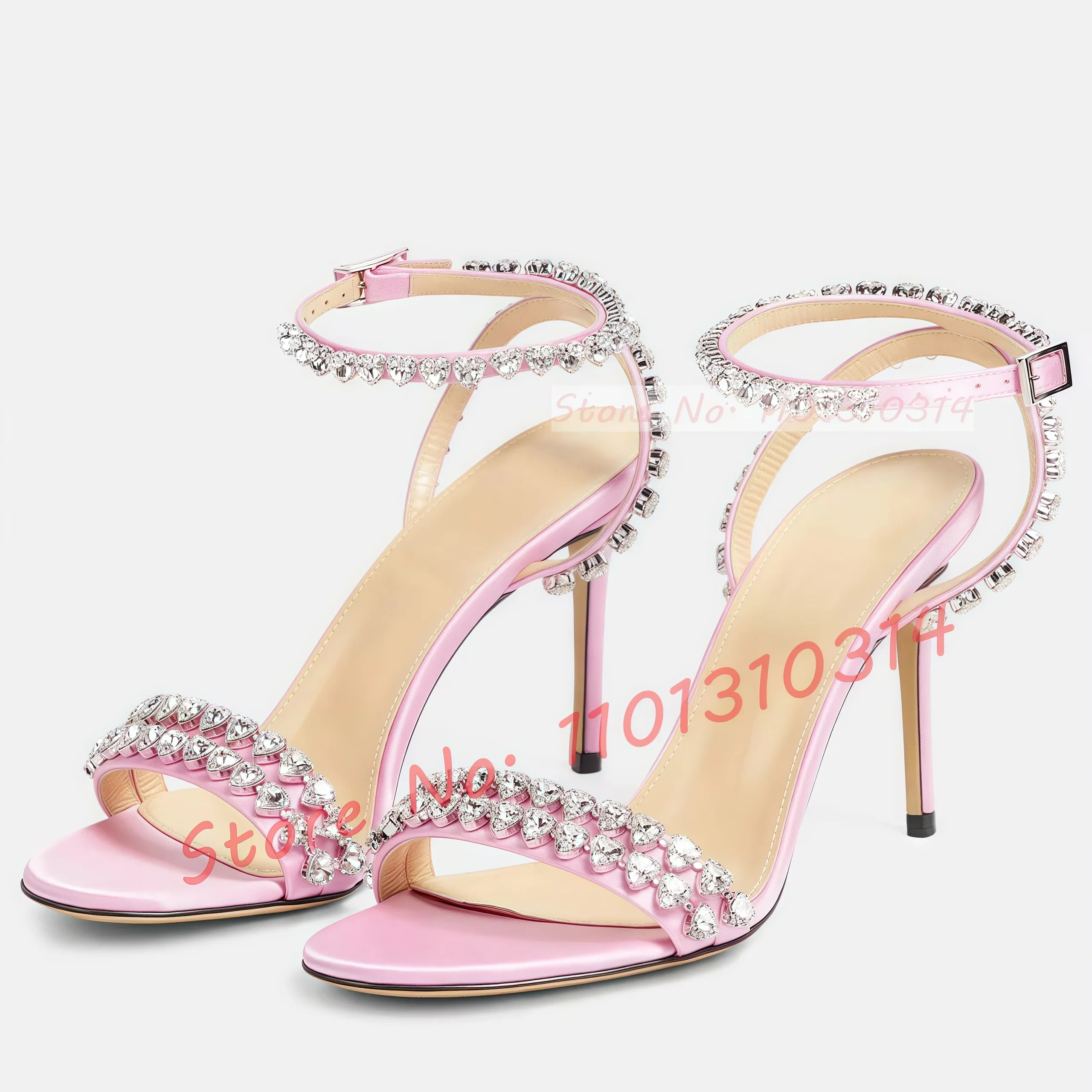 

Sparkles Crystal Heart Sandals For Sweet Ladies Trendy Pink Satin Ankle Buckle Strap Shoes Summer Rhinestones Trim Women Sandals