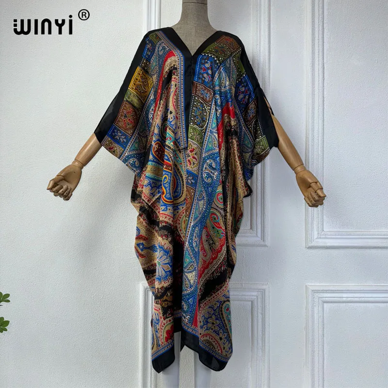 

WINYI Summer african V-neck dress Printed beach wear women 2024 Loose Femme Robe Muslim beach cover ups silk feel evening dress