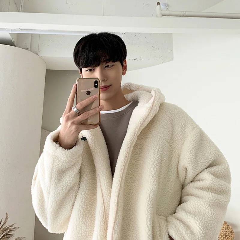 Lamb Wool Cotton Coat Men\'s Winter Coat Korean Version Trend Loose Cotton Coat Thickened Fleece Hooded Cotton-padded Jacket