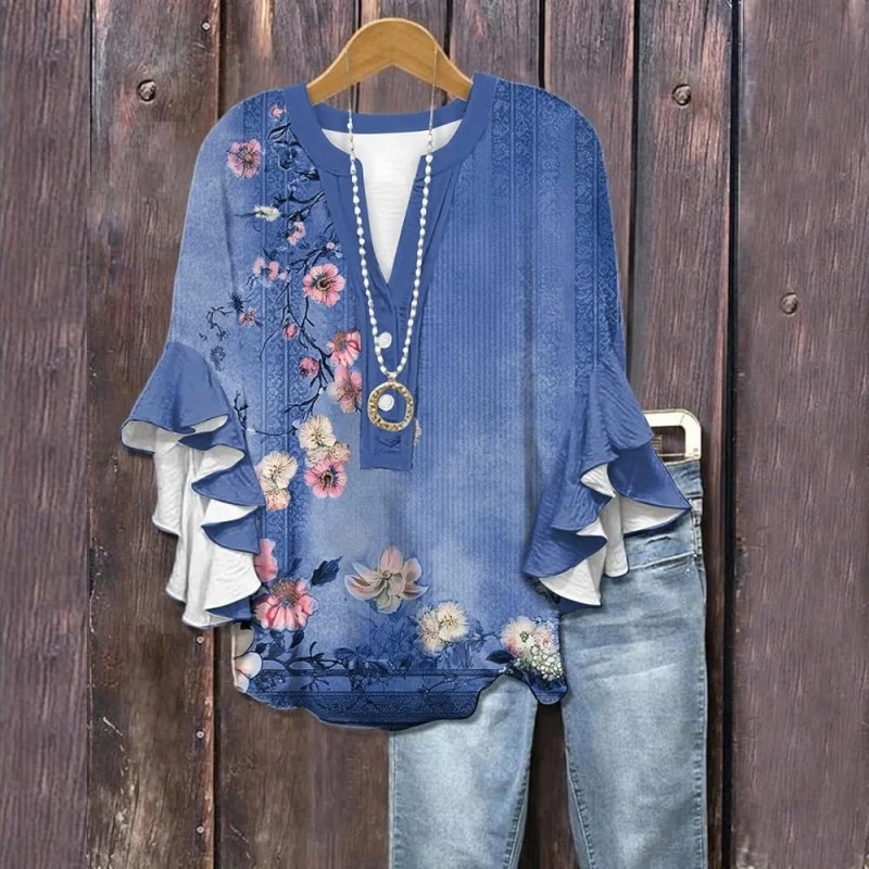 

PLUS SIZE Vintage Blouses for Women Button Floral Graphic 3/4 Sleeve Shirts Henley V Neck Ruffle Stitching Party Tops Clothings