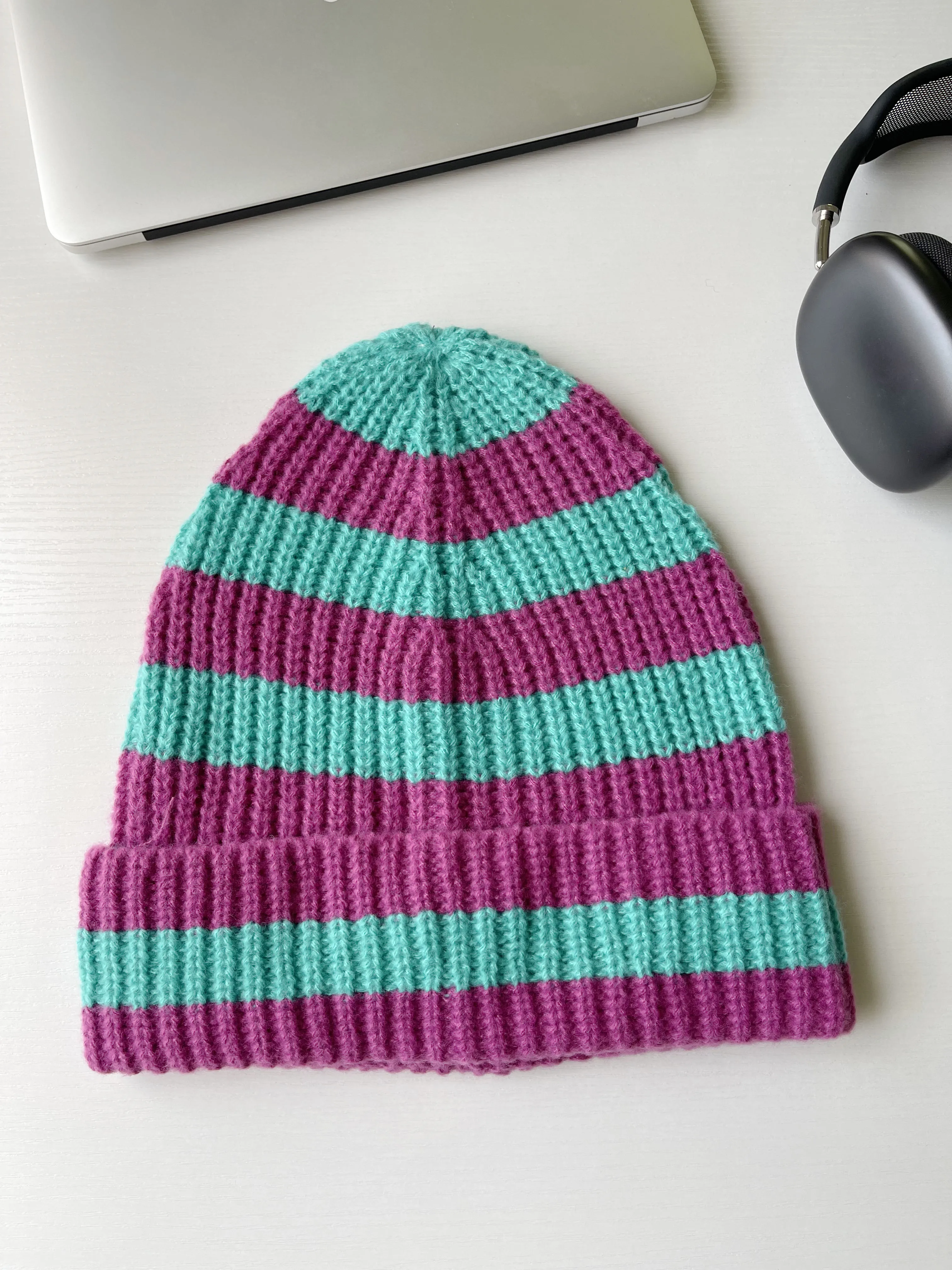 Unisex Winter Acrylic Knitted Cap Dopamine Color Stripe Warm big size 62cm Beanies for Women Cold Hat Casual Hip-hop Caps Female