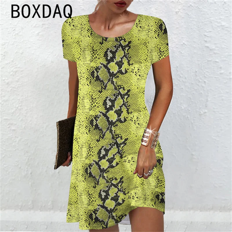 Kobiety w stylu Vintage sukienka 3D wzór skóry węża sukienka z nadrukiem lato duży rozmiar krótki rękaw Casual a line Mini sukienka Vestidos De Mujer