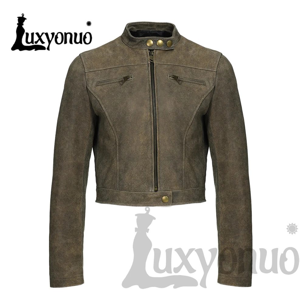 Luxyonuo Women's Real Leather Jacket Spring Sheepskin Cropped Coat Ladies Fashion Moto Biker Zipper Jacket  Genuine Leather New