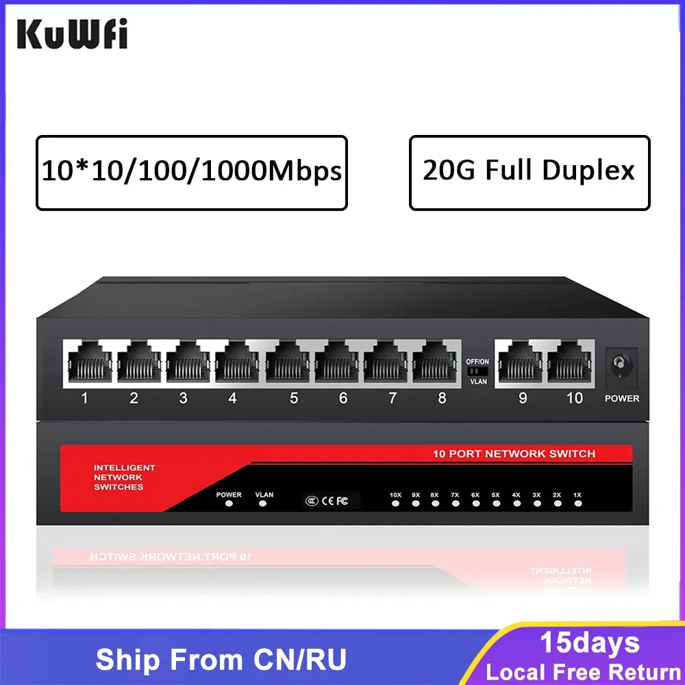 KuWFi-10 포트 기가비트 네트워크 스위치, 10/100/1000Mbps 8 포트 기가비트, 업 링크 포트 2 개 포함, IEEE 802.3af/at 고속 이더넷 스위치