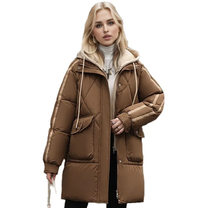 Women\'s Padded Jacket 2024 Winter Female Contrast Hooded Thicken Warm Long Jacket Women 2 Pocket Fake Two Pieces Cotton Jacket