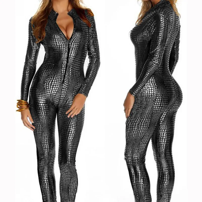 

Sexy Snake Print Lingerie Latex PVC Jumpsuit Zentai Costume Women Black Catsuit Pole Dance suit Lady Nightclub erotic Bodysuit