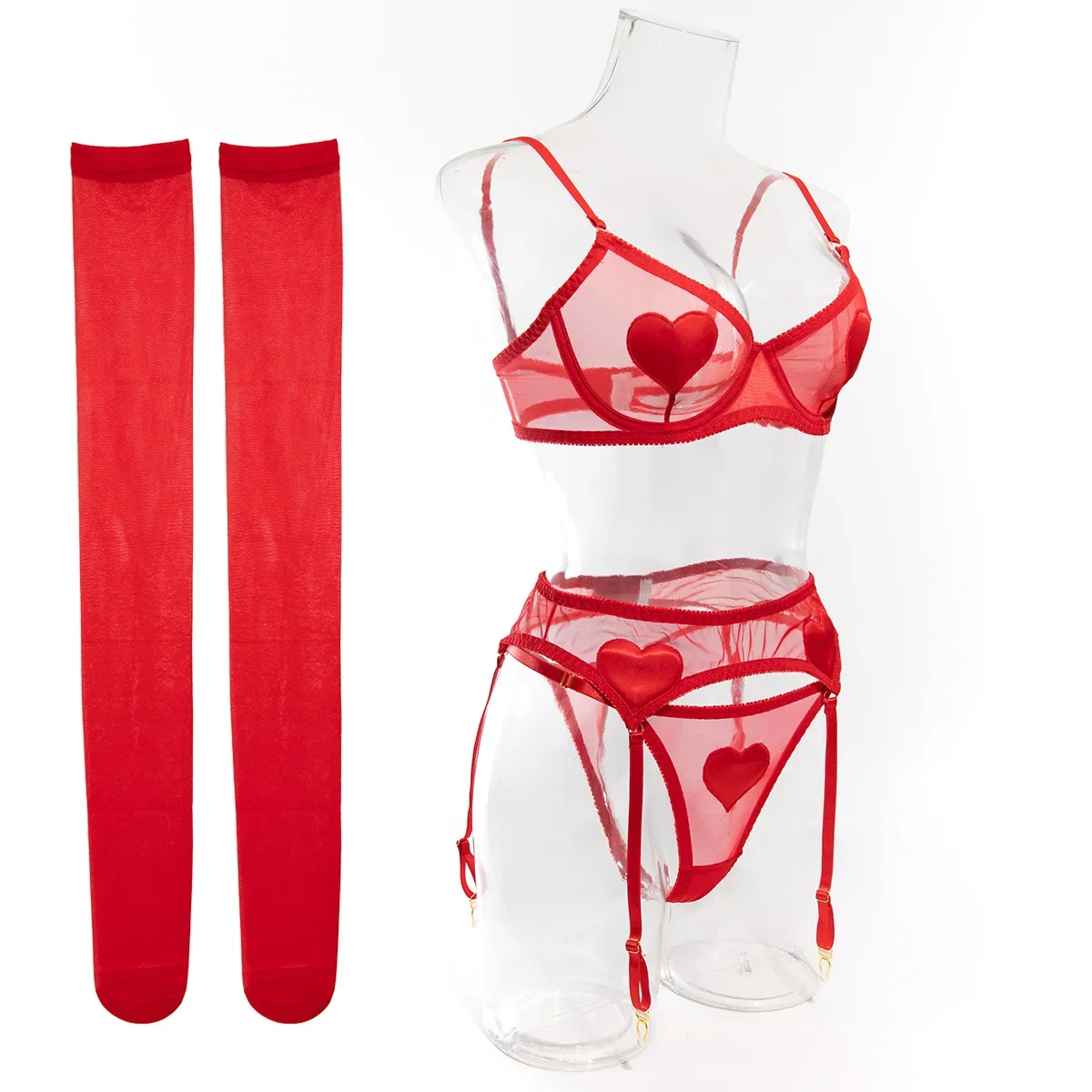 

Love Heart Valentine Lingerie With Stocking Tulle Underwear Ensemble Sexy Hot Lingeries Garter Suit Fancy Outfit