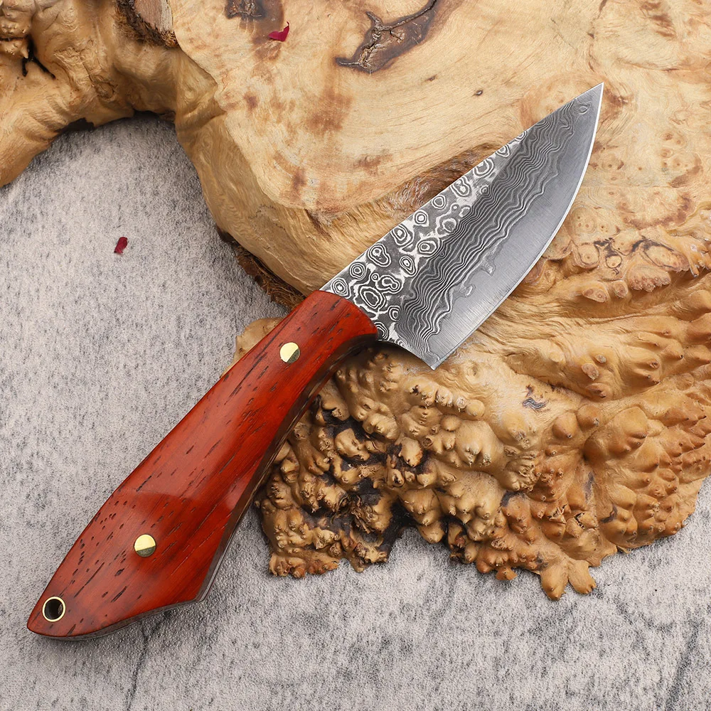 

RHON Small Fixed Blade Knife Damascus Steel Rose Wood Handle Outdoor Mongolia Boning Meat Slicing Camping Knives with Sheath