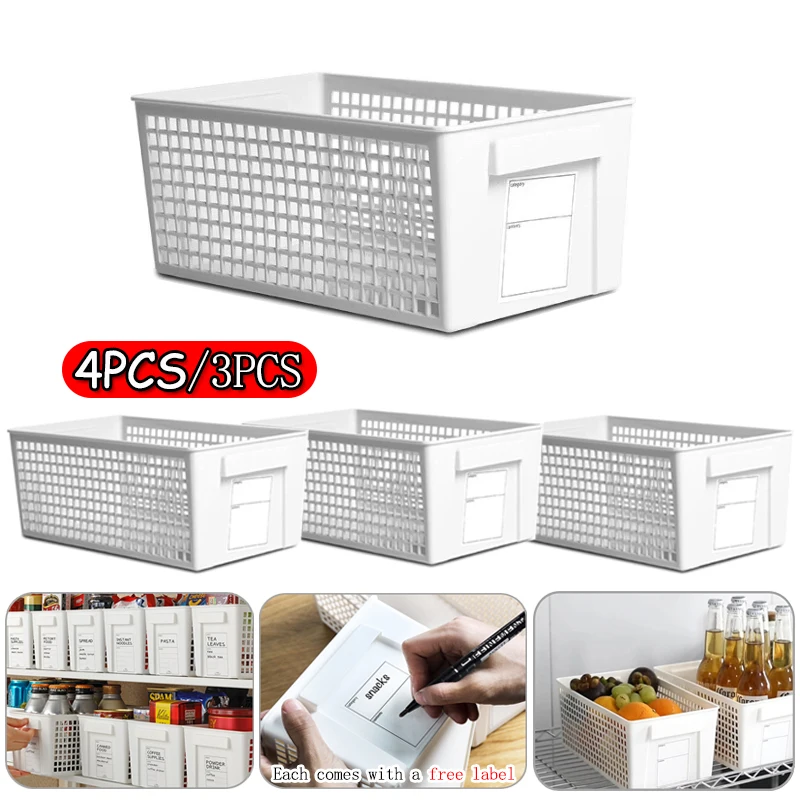 Caixa De Armazenamento De Plástico Crate com Etiqueta, Cesta De Cozinha, Casa Suprimentos, Desktop, Cosméticos, Papelaria, Caixas Organizadoras, Novo, 4 Pcs, 3Pcs