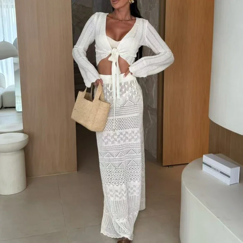 

Women's V-neck Top with Long Skirt Sexy Suit White Slim Jacquard Outfit 2025 Solid New Long Sleeved Knitted Beach Two Piece Sets