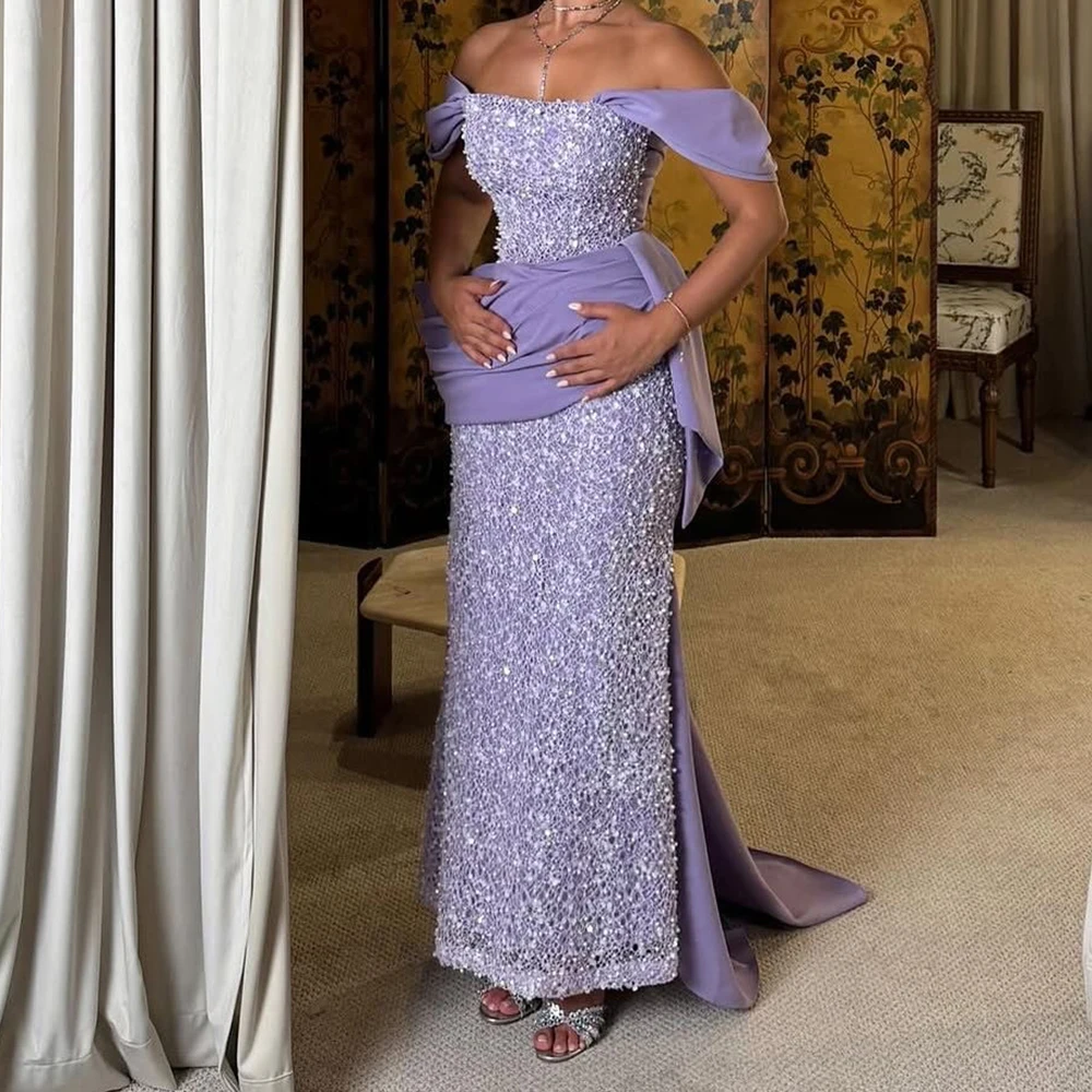 

Customized Mermaid Evening Dresses Floor-length Off The Shoulder Sleeveless Prom Gown Fashion Sequined Pleat Backless Party Gown