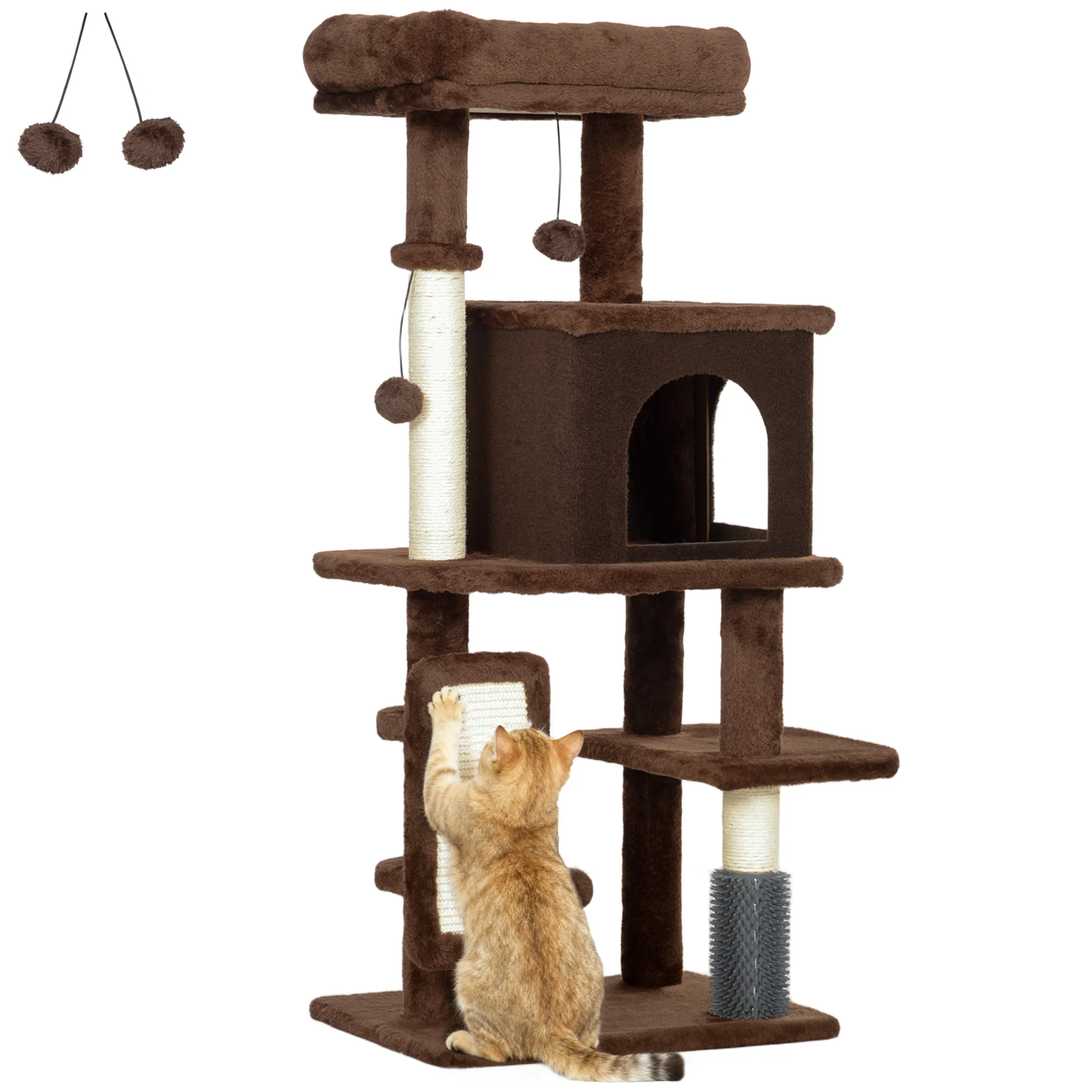 Pawhut Krabpaal voor katten 104 cm met platforms, paal met borstel, hangende ballen en krabmat bruin