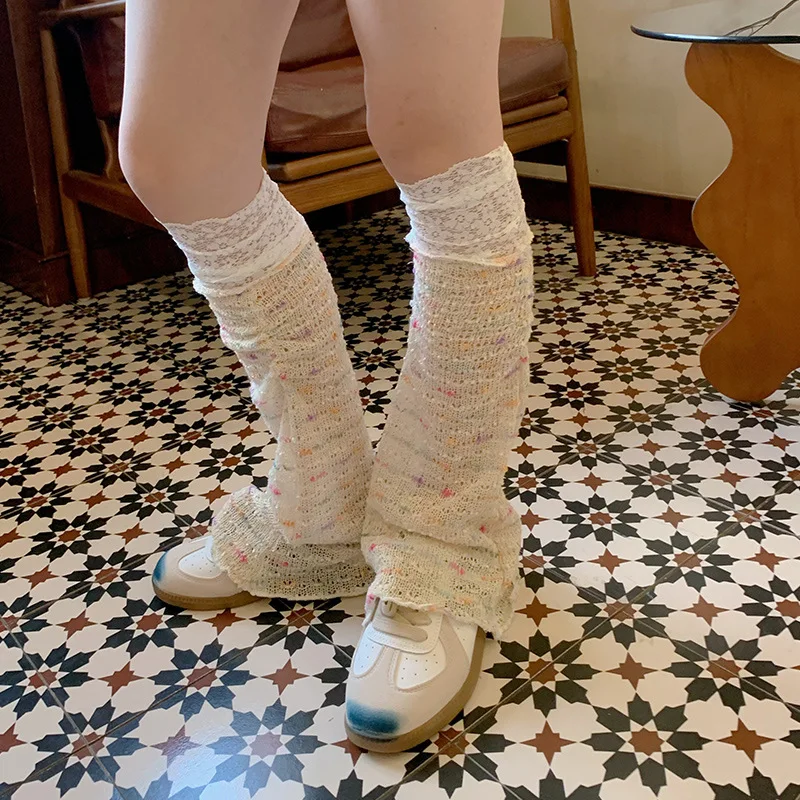 Spring/Summer Thin Leg Warmers Personalized Rainbow Splicing Lace Wide Foot Covers Women Girls Middle Tube Breathable Leg Socks