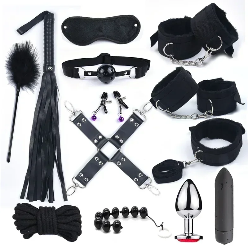 Bdsm 10 Speeds Vibrator Bondage Set Metal Sex Toys for Women Men Handcuffs Sex Nipple Clamps Whip Spanking Rope