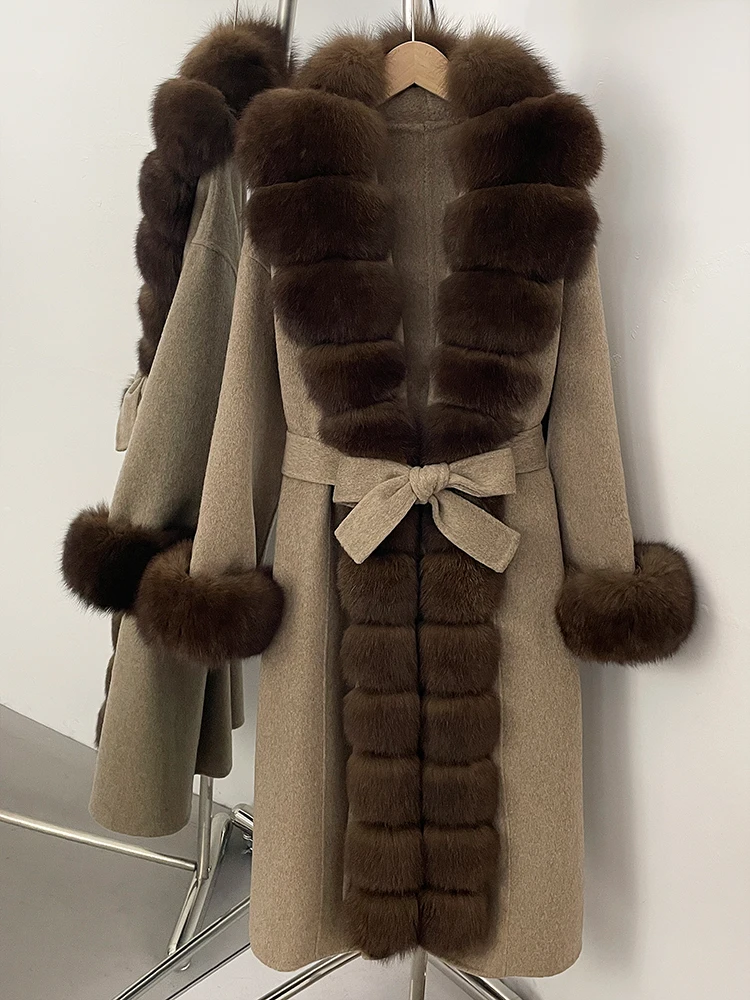 المرأة طويلة كبيرة الثعلب الفراء Pinnacle 100% معطف الصوف 2025 جديد الخريف الشتاء ClothesFemale حزام الفراء الطبيعي طوق سترة صوفية #4